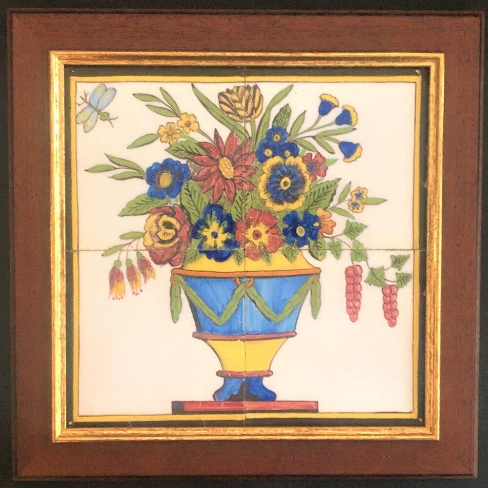 Delft 4 Tile Tableau of "Flowers In Vase" Framed Polychrome Tiles by WestRaven
